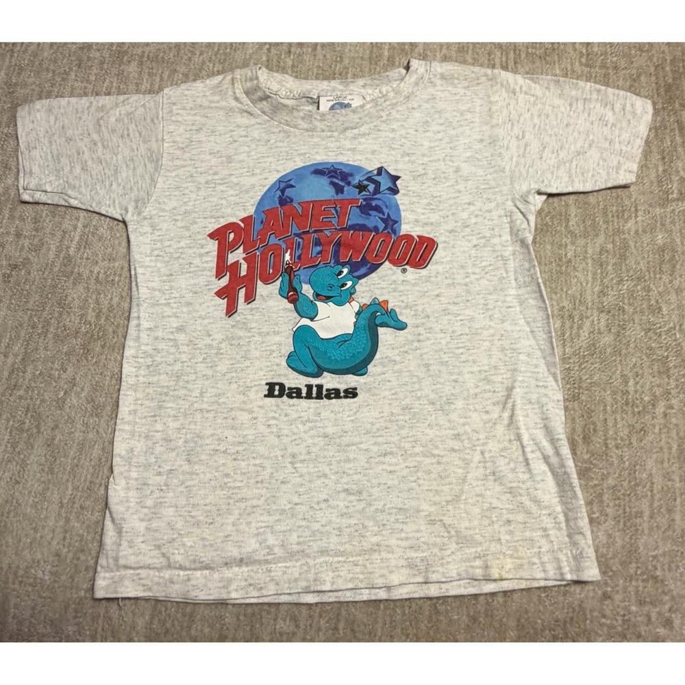 Vintage Planet Hollywood Dallas Kids T Shirt USA Made Dinosaur Logo Large